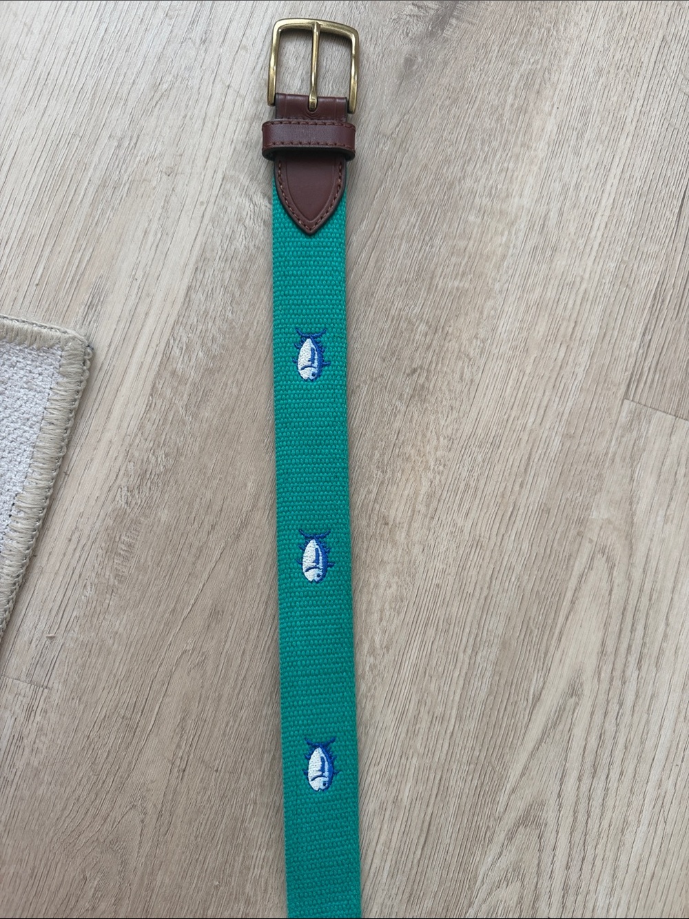 Southern Tide Men's Green Embroidered Fish Webbed Belt with Brown Leather Trim